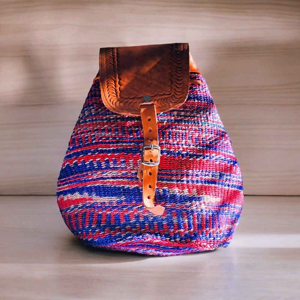 Kiondo Mini African Handwoven Backpack with Leather Adjustable Shoulder Straps
